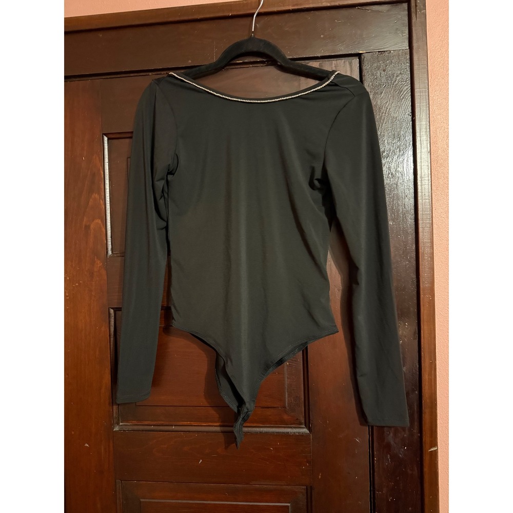 HM Womens Black Long Sleeve Bodysuit Rhinestone Scoop Back Small